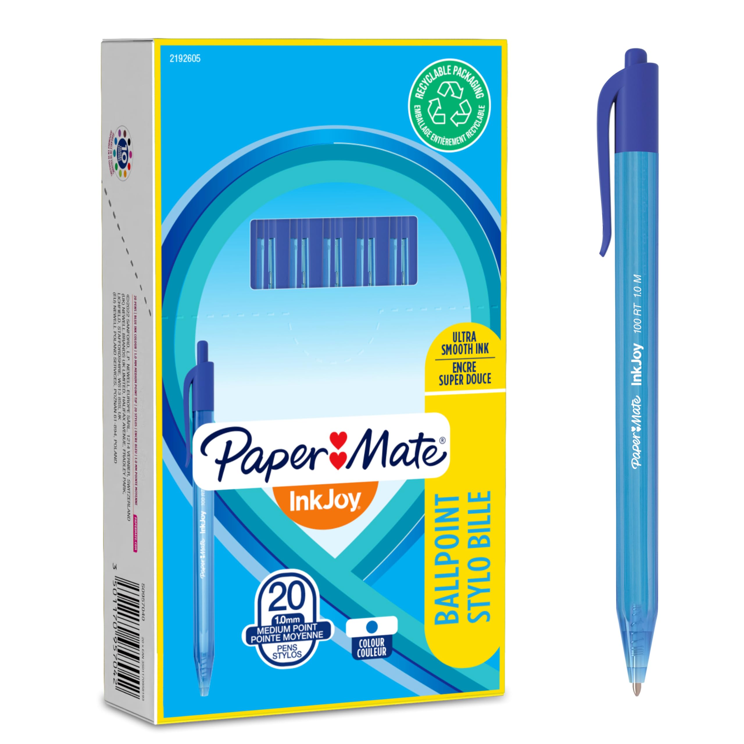 Paper Mate InkJoy 100RT Retractable Ballpoint Pens | Medium Point (1.0mm) | Blue | 20 Count