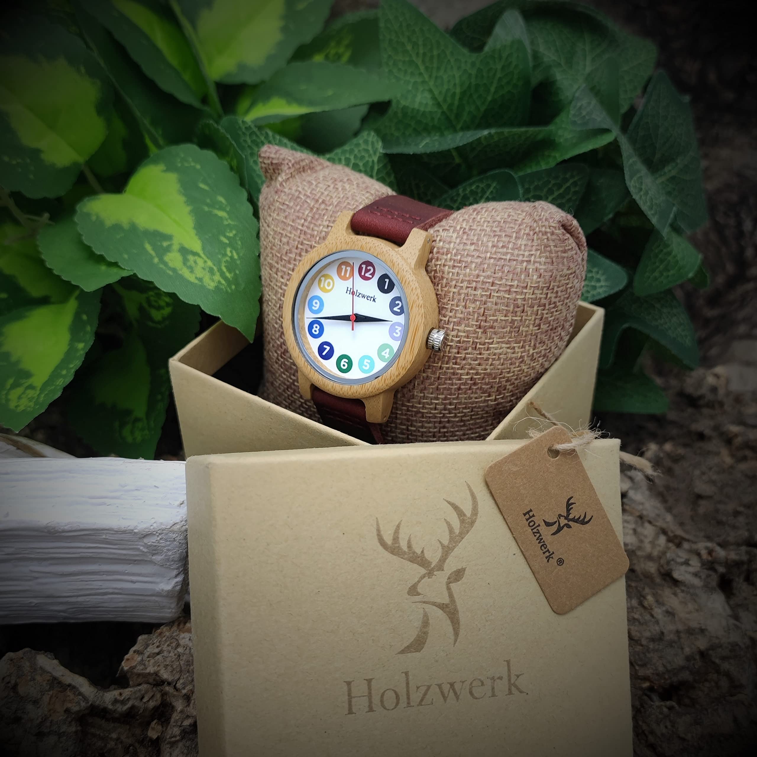 Holzwerk Germany® Mädchen-Uhr Kinder-Uhr Jungen-Uhr Öko Natur Holz-Uhr Lern-Uhr Leder Armband-Uhr Analog Klassisch Quarz-Uhr in Rot Braun Weiß Bunt