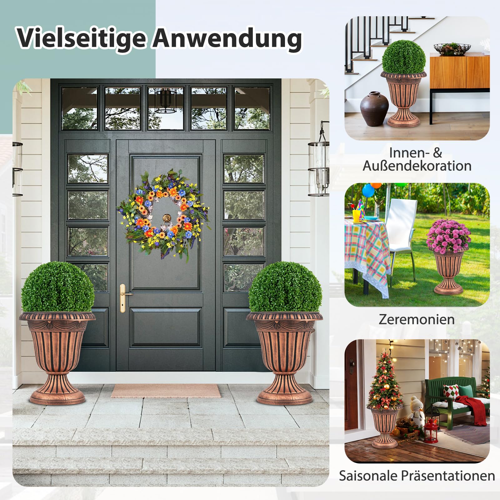 COSTWAY 2 er Pflanzkübel, 46,5 cm hoch, Pflanzgefäße mit Sockelbasis & Abflussloch, dekorative Blumentöpfe, PP Kunststoff, wetterfest, Übertopf für Garten Terrasse Hinterhof Balkon (Bronze)