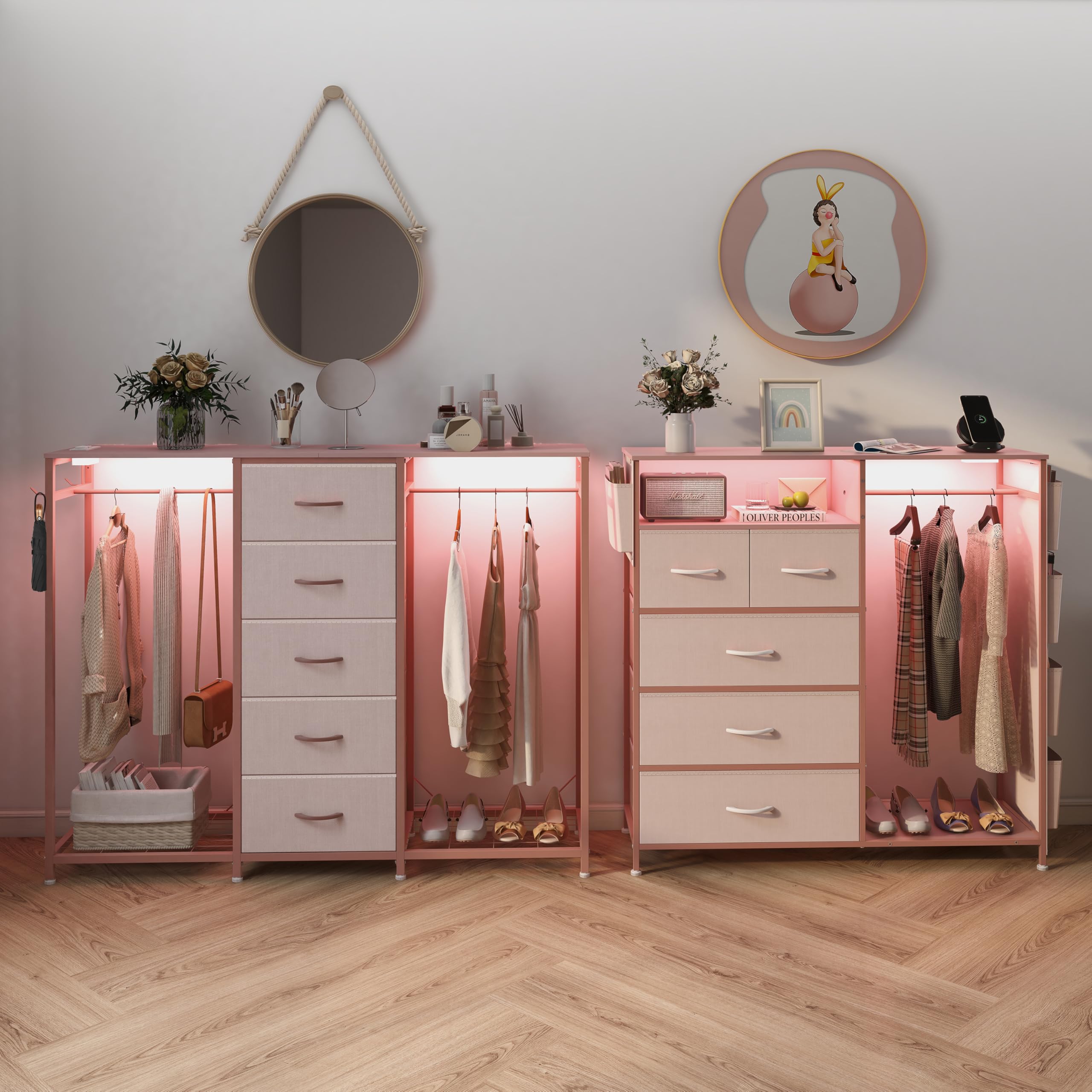 Cómoda para dormitorio con perchero, cómoda de 5 cajones con estación de carga, luces LED, cómoda blanca, estante flexible y espacio de almacenamiento abierto para dormitorio, sala de estar 7