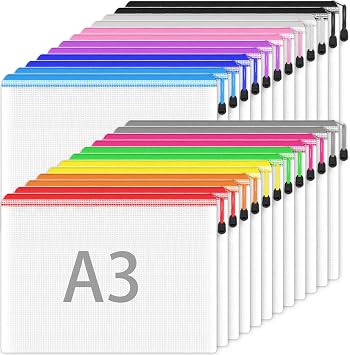 Smarpau A3 Plastic Wallets 24PCS, Coloured Zip Document Wallets for Storage