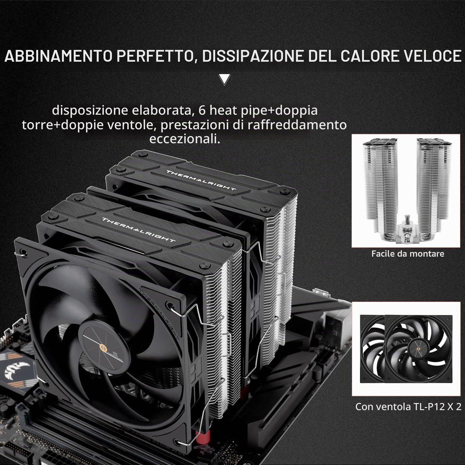 Thermalright Peerless Assassin 120 Black V3 CPU, 6 dissipatore di calore con due ventole TL-P12 PWM, design Top Cover per AM4/AM5, Intel LGA 1851/1700/115X/1200