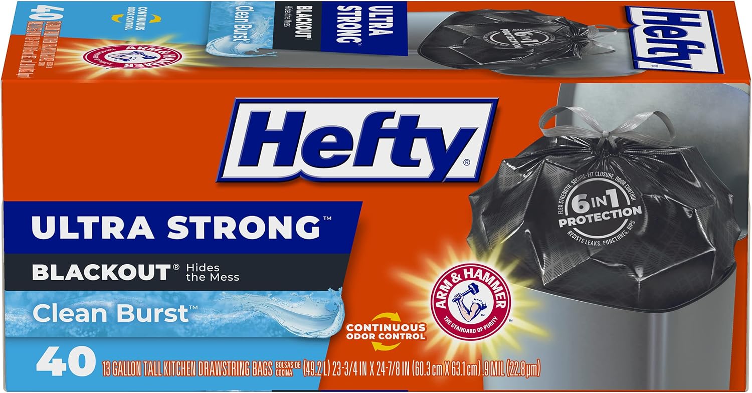 Hefty Ultra Strong Tall Kitchen Trash Bags, Blackout, Clean Burst, 13 Gallon, 40 Count