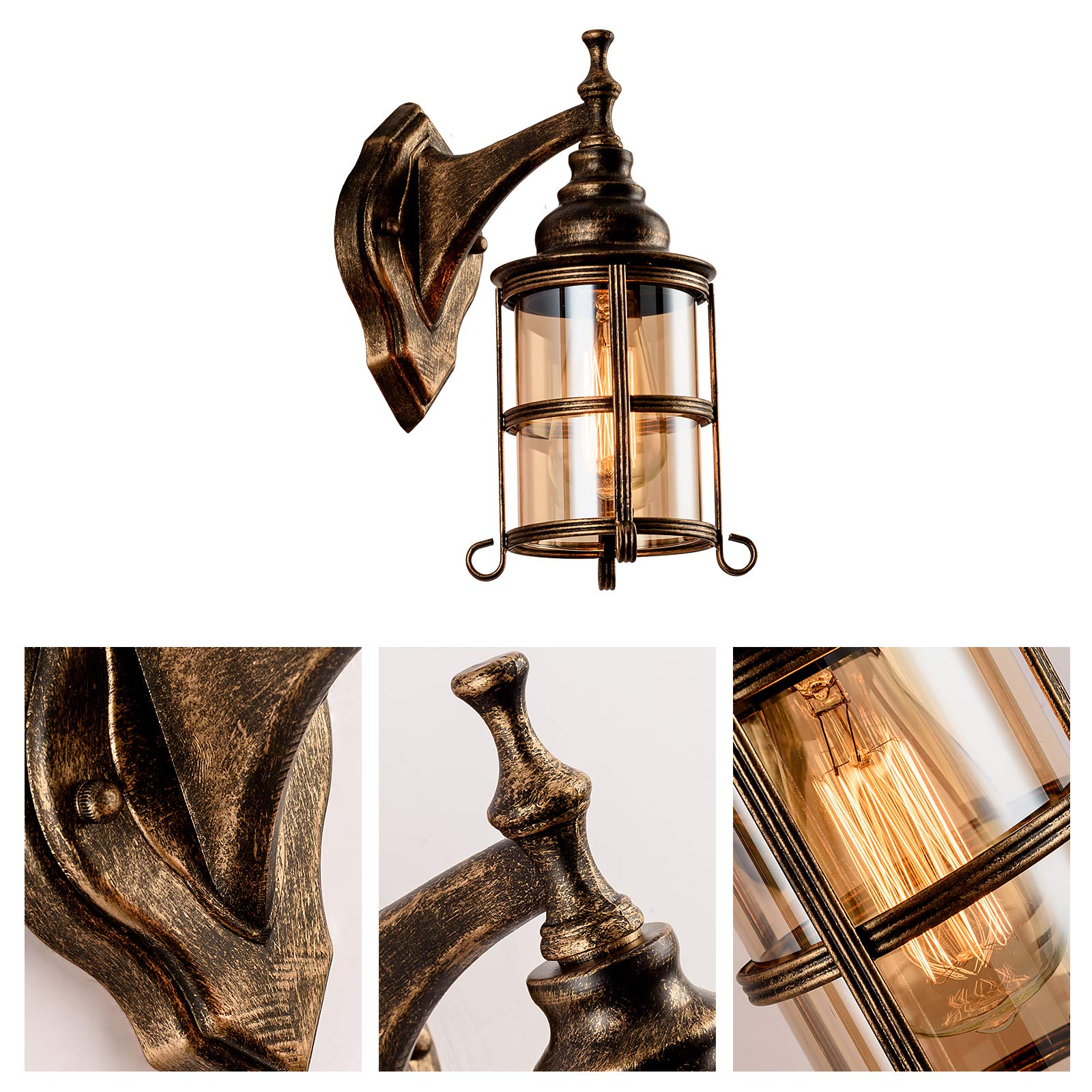 Rústico ámbar de Vidrio de la pared 2-Pack, Bronce Cepillado, Industrial Farmhouse Lámpara de iluminación del Pórtico Prueba Retro para Interior Dormitorio（NO Bulb）