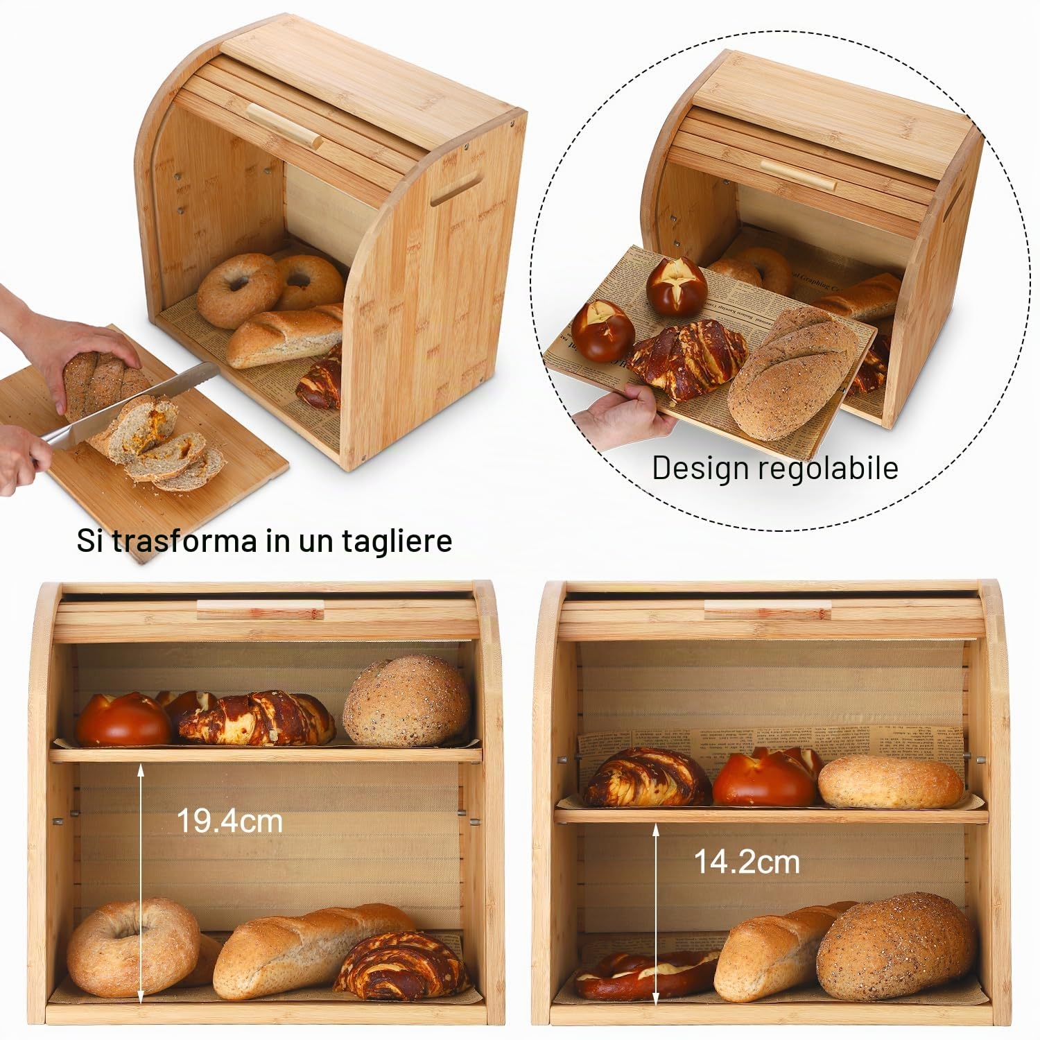 G.a HOMEFAVOR - Mobiletto per il pane, in bambù, a 2 ripiani, con ripiano rimovibile, montaggio fai-da-te