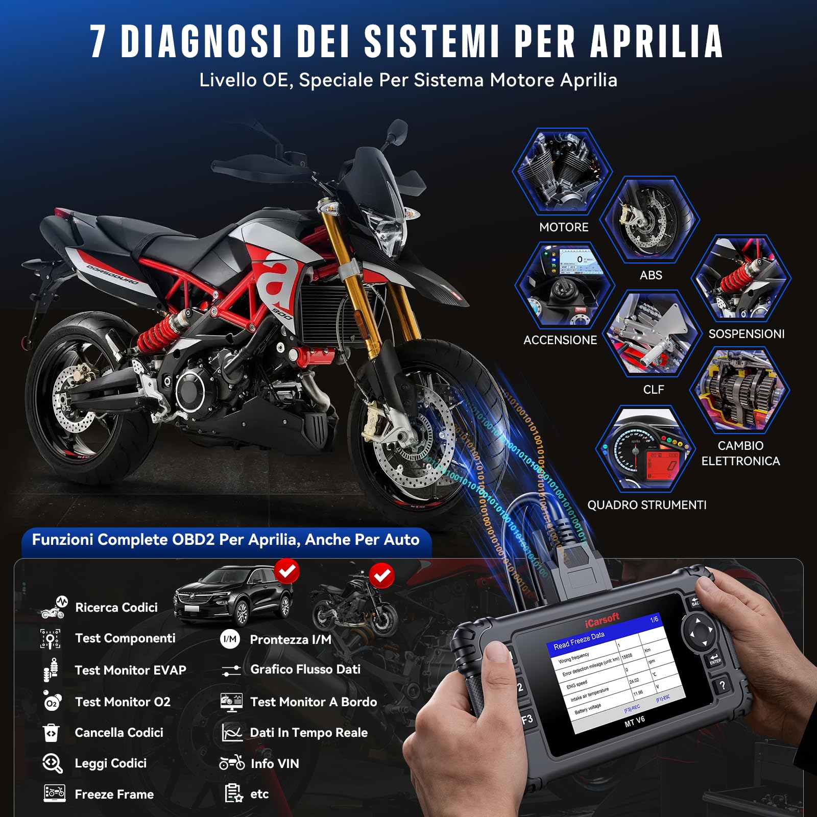 iCarsoft MT V6 - Diagnostico per moto Aprilia, diagnosi di sistema, 88 servizi di manutenzione, 123 test bidirezionali, lettura e cancellazione dei codici di errore, test della batteria