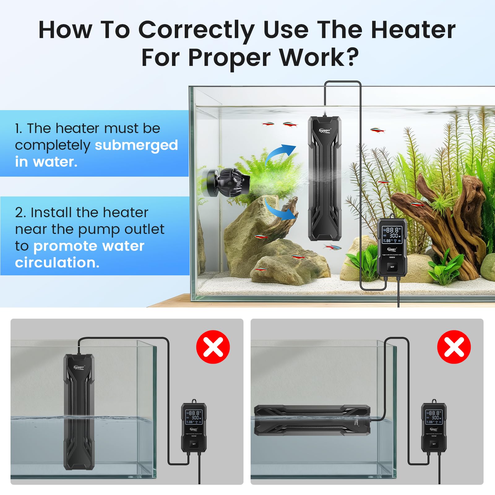 hygger 800 W Aquarium-Heizung, verbesserte Tauchwasser-Heizung | Duales Schutzsystem & LED-Digitalanzeige, automatische Abschaltfunktion, für 80-220 Gallonen Süß- und Salzwassertank