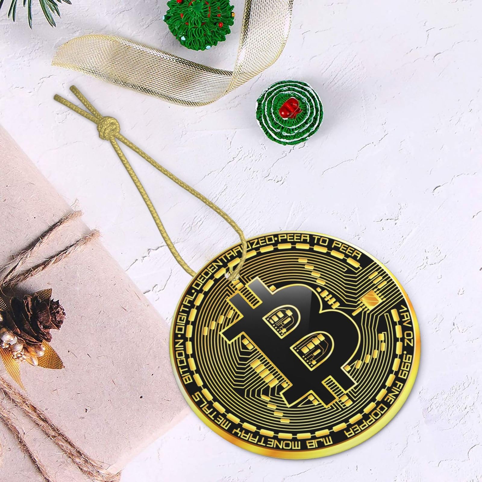 Amazon.com: Christmas Ornament Bit Crypto Currency Golden, Christmas Tree  Decorations for Xmas Ceramic Hanging Ornaments Decor : Home & Kitchen