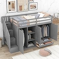 Vista 11 de Cama loft multifuncional de tamaño individual con cajones de almacenamiento y escritorio, marco de cama de madera con escalera de almacenamiento