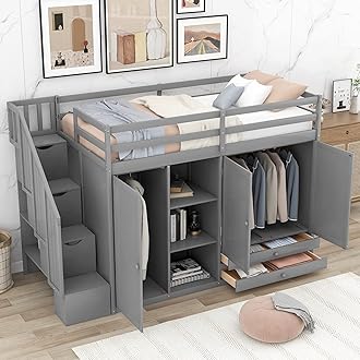 Functional Loft Bed Twin Size with 2 Drawers and 2 Wardrobes, Solid Wood Loft Bed Frame with Safety Guardrail and Storage Staircase for Kids Teens Adults, Sturdy Slat Support (Gray-Fun)