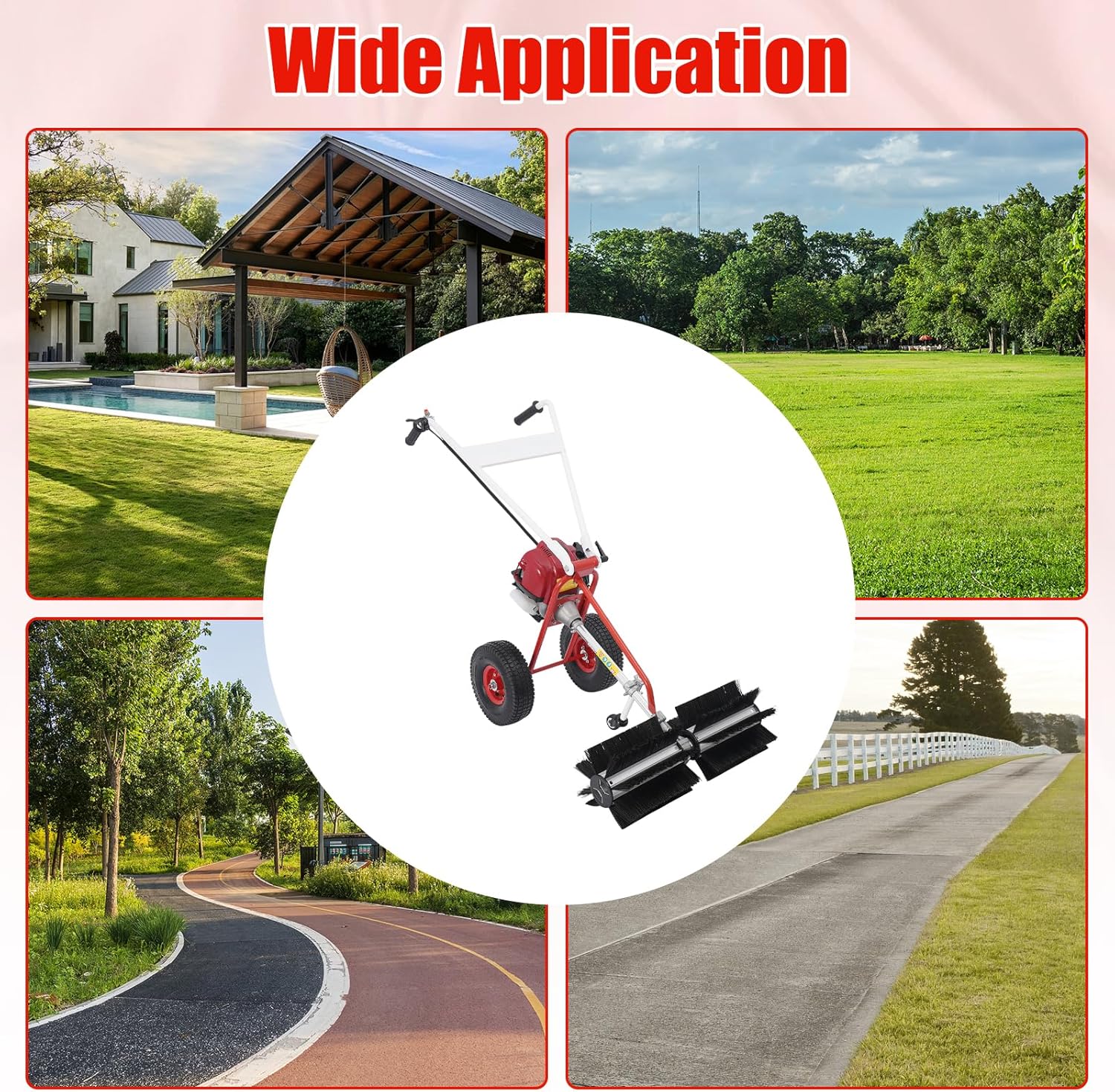 4 Stroke Gas Powered Hand Push Sweeper, Strong Power Lawn Sweeper Machine with 23in Long High-Density Brush, Artificial Grass Brush Gasoline Powered Broom for Lawn, Driveway, Snow
