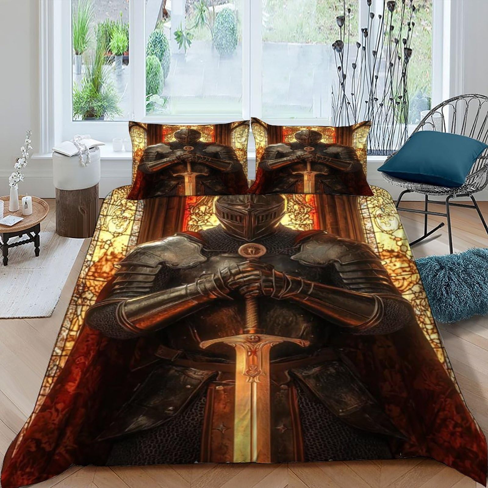 Knight Glass Bedding Set 3D Digital Printing Gothic Themes Duvet Cover Set 3 Pieces Microfiber Comforter Cover for Boys & Girls with Pillowcase King（220x240cm）