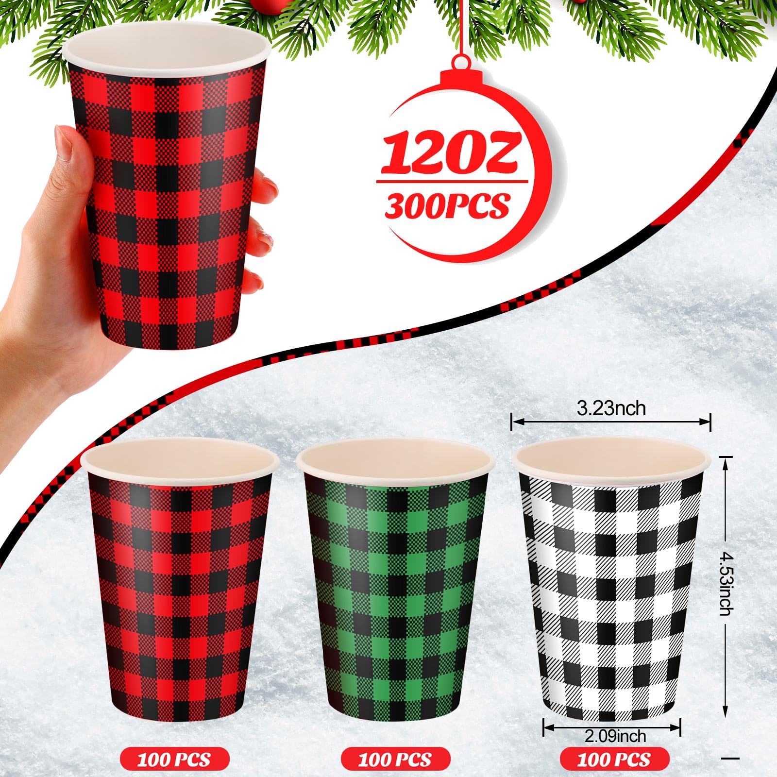 Maxcheck 300 tazas desechables de Navidad de 12 onzas, color verde, rojo, blanco, a cuadros, tazas de café de papel para bebidas frías calientes, chocolate, té, cacao, decoraciones de mesa de Navidad