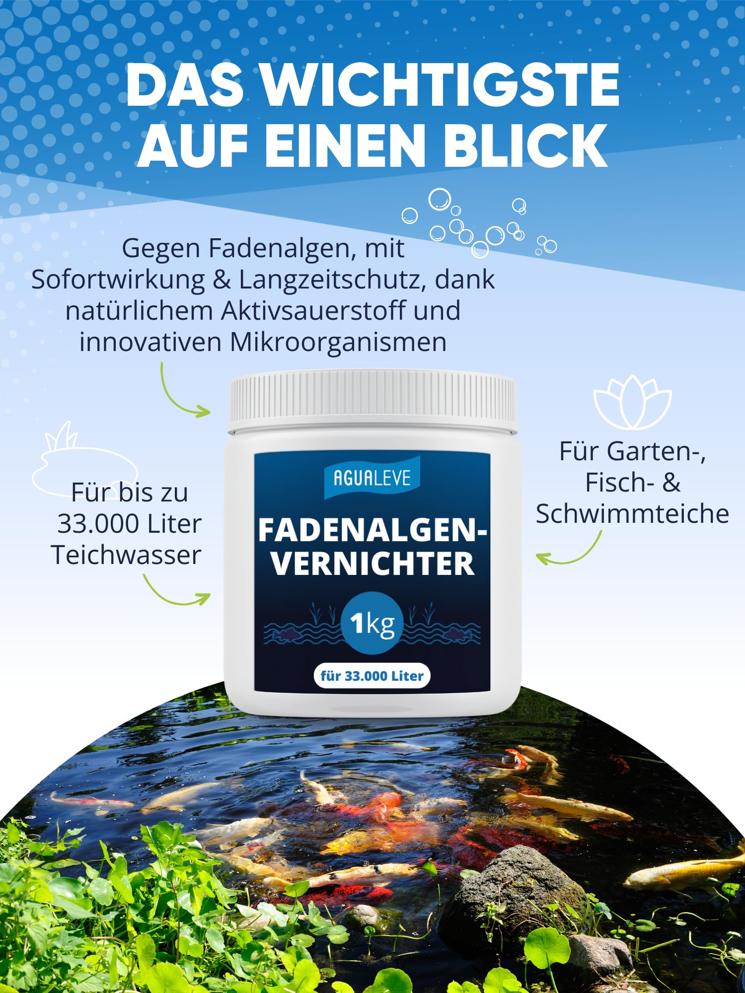 AGUALEVE® Fadenalgenvernichter 1kg *NEU* | bioverträgliche Algenvernichtung ohne Schwermetalle | Markenqualität Made in Germany | für 33.000 Liter Teichwasser | Note 1,1