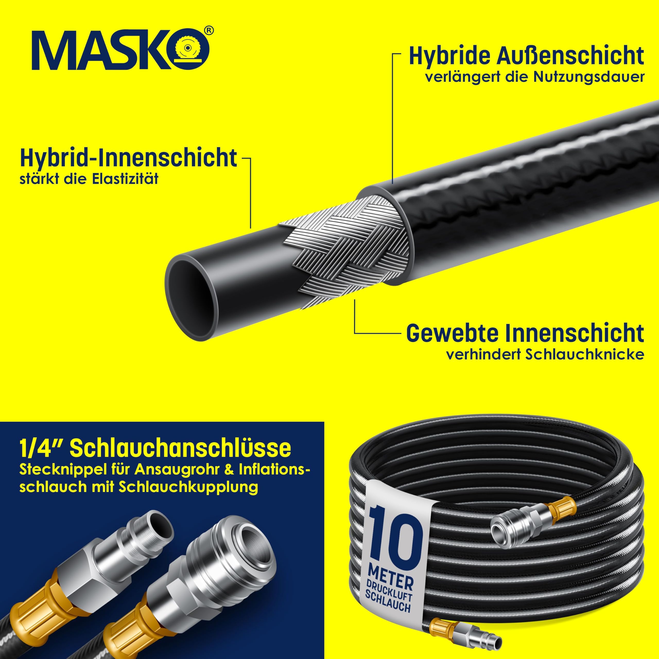 MASKO® Automatik Druckluftschlauch Aufroller 10m – Schlauchtrommel mit 1/4" Anschluss, Schlauchaufroller, Wandhalterung, Tragegriff, 180° schwenkbar, Schlauchbremse, vormontiert/sofort einsatzbereit
