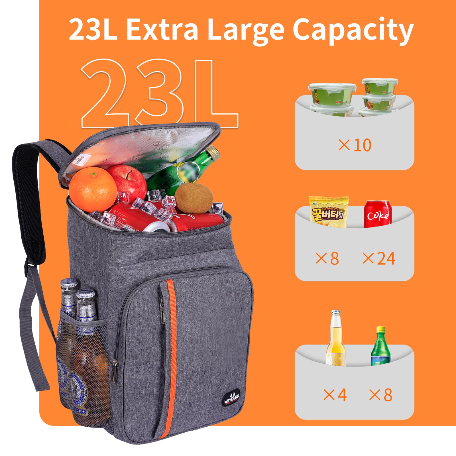 23L Zaino termico frigo, borsa frigo termica Porta Pranzo Zaino frigo termico portatile,mantiene il cibo caldo o freddo, adatto per campeggio, spiaggia, picnic, barbecue, eventi (Grigio)