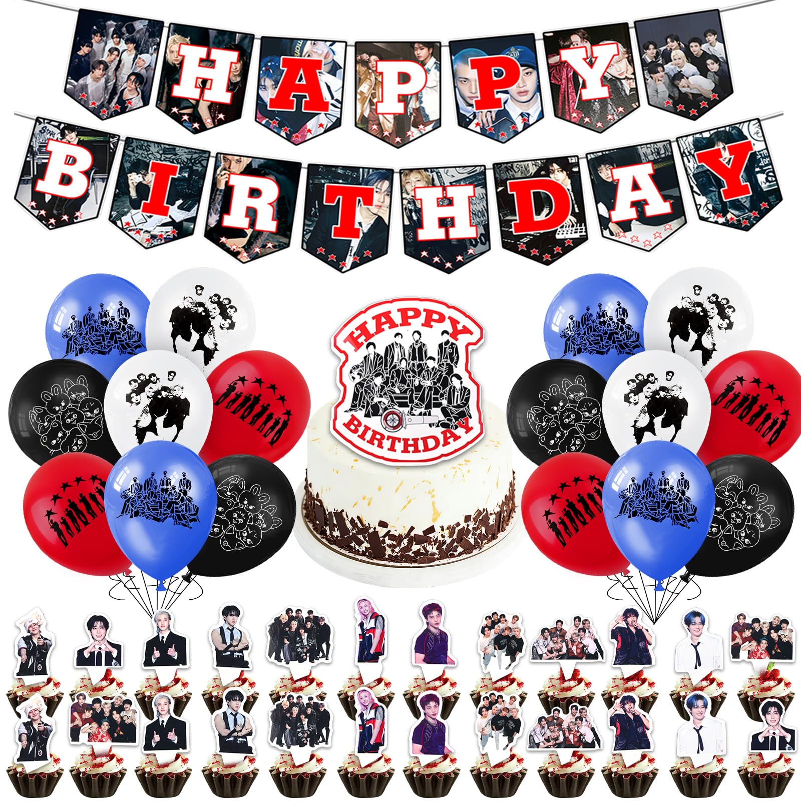 42PCS St-ray Kids Birthday Decorations, SKZ Party Decorations With Banner Balloons Cake Topper Cupcake Toppers, Kpop Theme Party Supplies for Fans