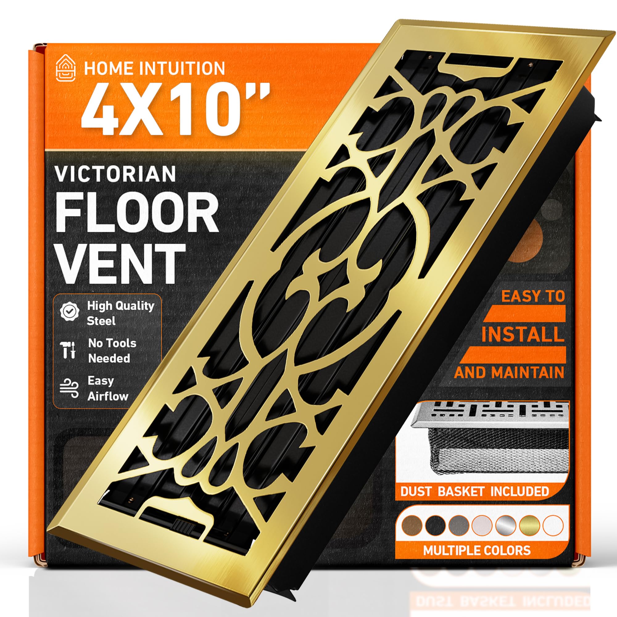 Home Intuition Polished Brass 4X10 Floor Vent Covers Floor Register With Mesh Cover Trap, Heat And Air, Walkable Metal Floor Vent For Hvac Duct, Victorian,