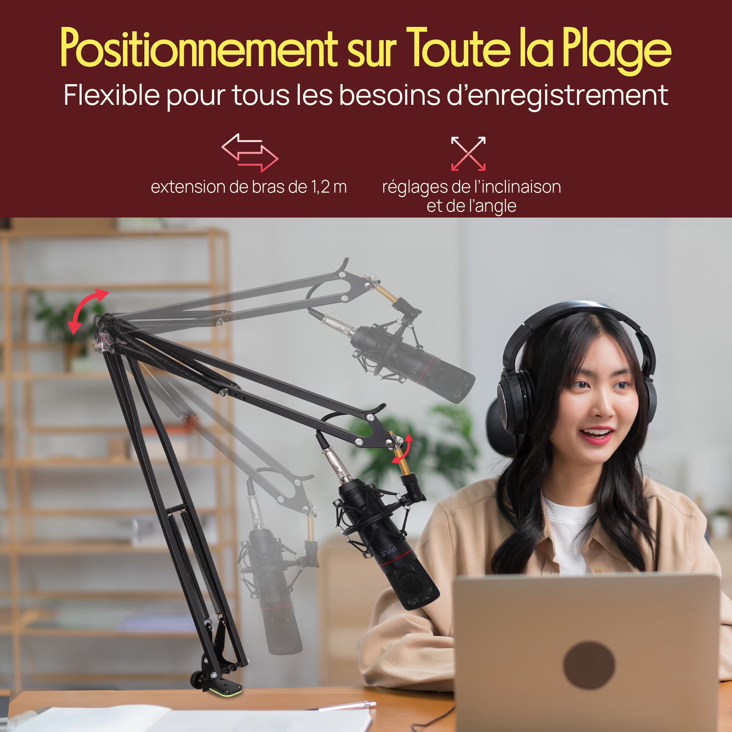 Pyle Support Microphone Boom Suspension Pro – Support Microphone à Ressort, Bras Flexion avec Shock Mount, Inclinaison et Extension Réglables, Parfait pour Podcasts, Streaming, DJ, Extensible