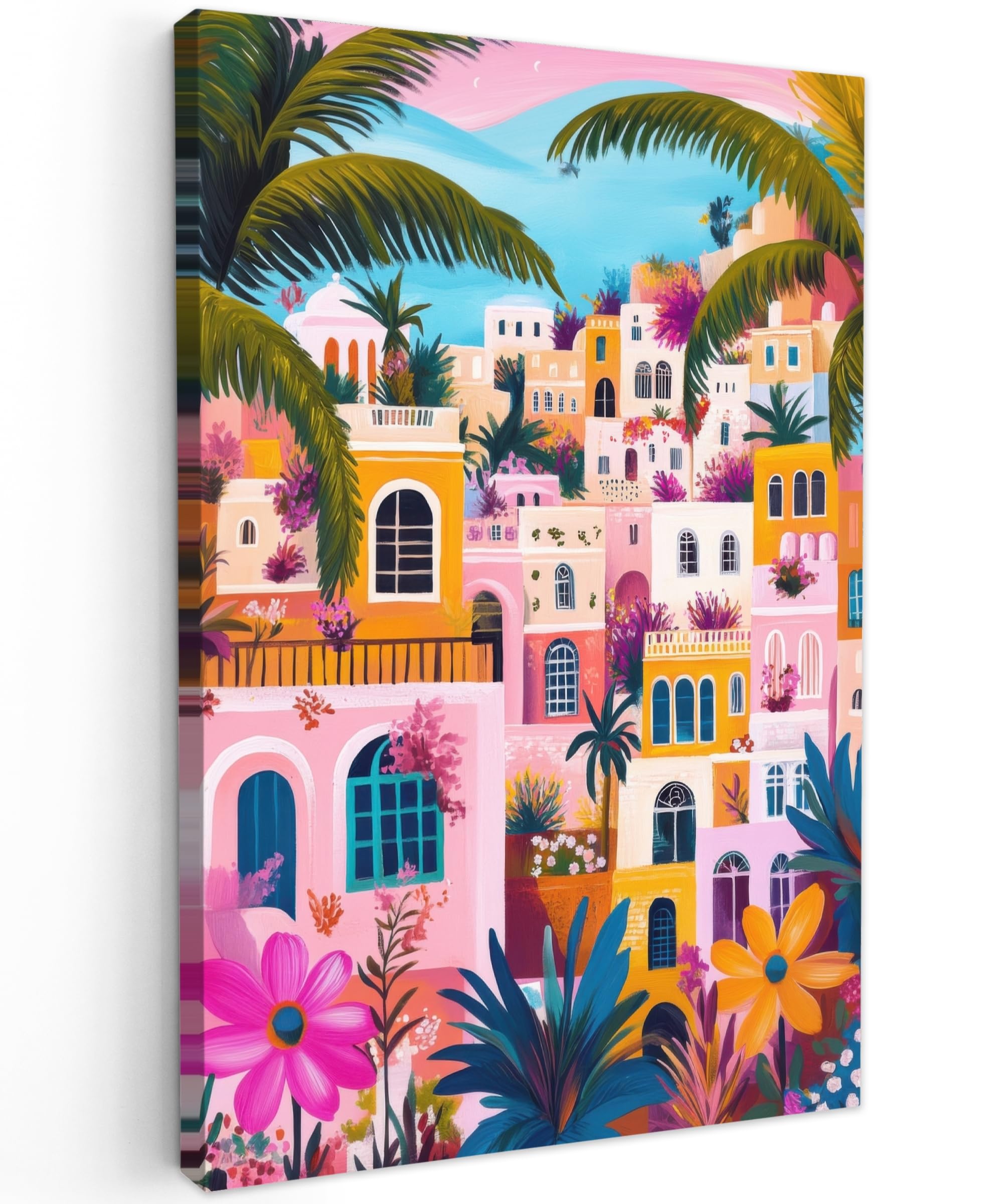 MuchoWow© Canvas Wall Art 16"x24" / 40x60 cm Decor Paintings Print framed on Canvas Pictures for Hallway Colourful - Pink - Orange - Yellow - Flowers