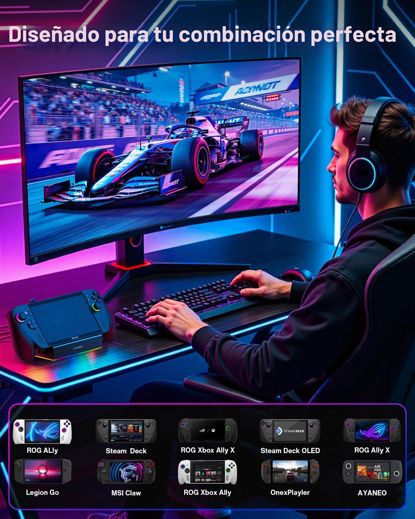 iVANKY 8 en 1 Estación de Acoplamiento para Valve Steam Deck OLED/ASUS ROG Ally Xbox X(2025)/Legion Go, ROG Alloy/Stream Deck Dock (14 en 1, Sin Fuente de alimentación)