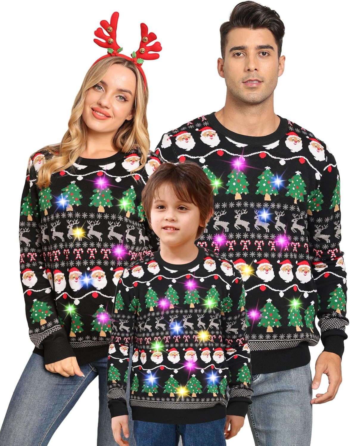 Idgreatim Ugly Christmas Sweater Family Matching Sweater with LED Knit Pullover Xmas Party Gift for Women/Men/Boys/Girls Men Large Santa Claus