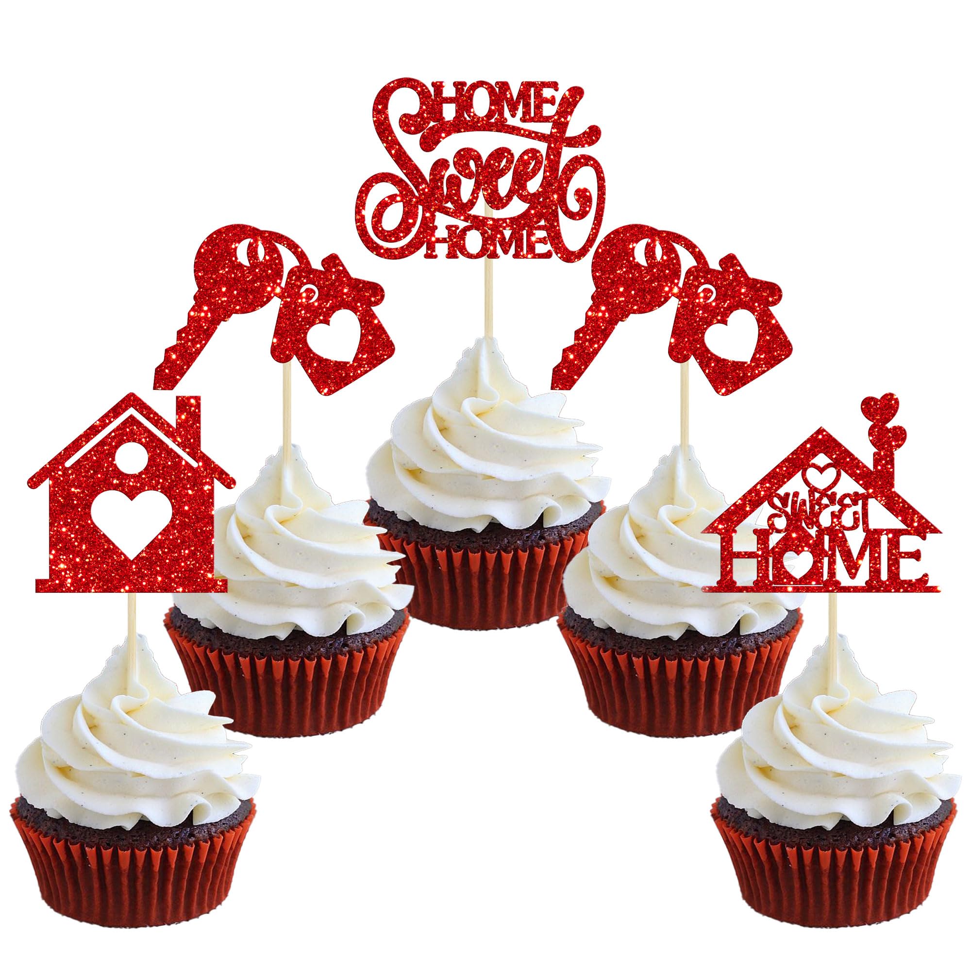 24Pcs Home Sweet Home Cupcake Toppers Glitter Key Housewarming Cupcake Pick Decorations for Welcome New Home Theme Party Cake Decorations Supplies Red
