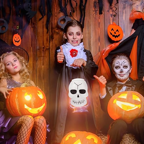 Vista 5 de Operitacx Cubo de caramelos con cabeza de calavera con asa, cubo de Halloween con tapa para truco o trato y suministros para fiestas