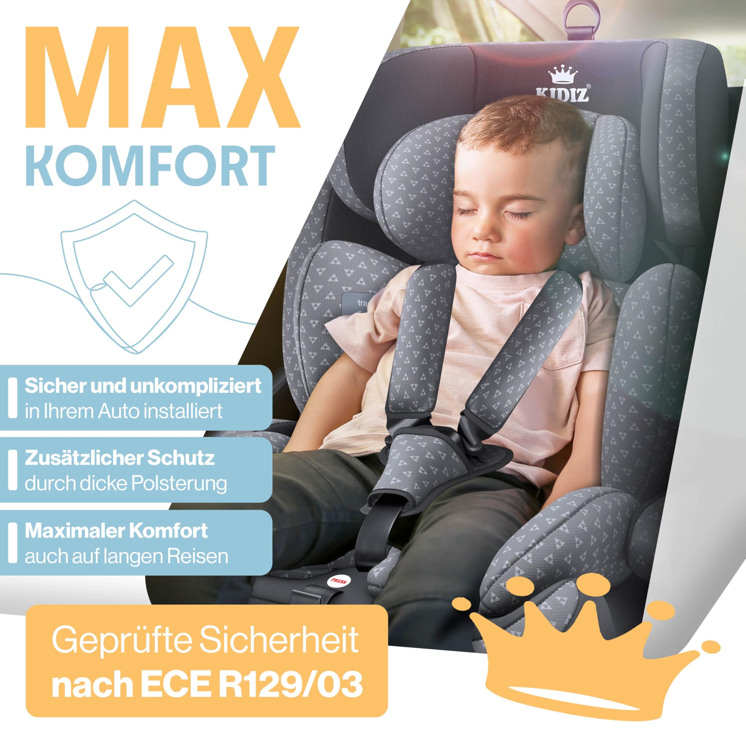 KIDIZ Autokindersitz mit Isofix i-Size R129 100-150cm Gruppe 1/2/3 5-Punkt-Gurt höhenverstellbare Kopfstütze Grau