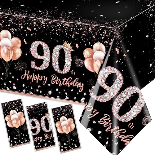 GREHUMOR 3 manteles decorativos de cumpleaños de 90 años para mujer, mantel de color oro rosa y rosa para fiesta temática de feliz 90 cumpleaños,