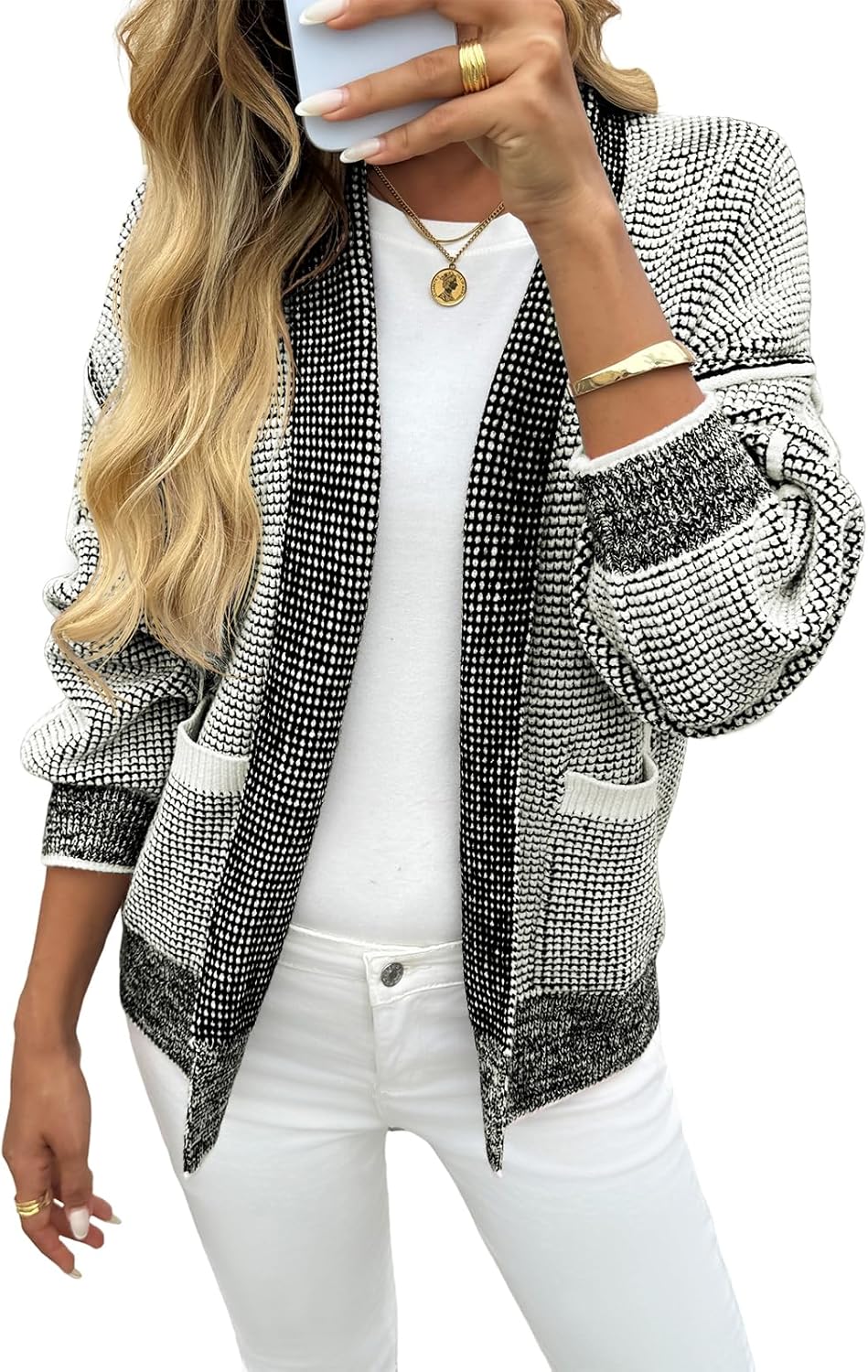 Saodimallsu Womens Open Front Cardigans Long Sleeve Waffle Knit Shawl Collared Fall Trendy Sweater Coats with Pockets