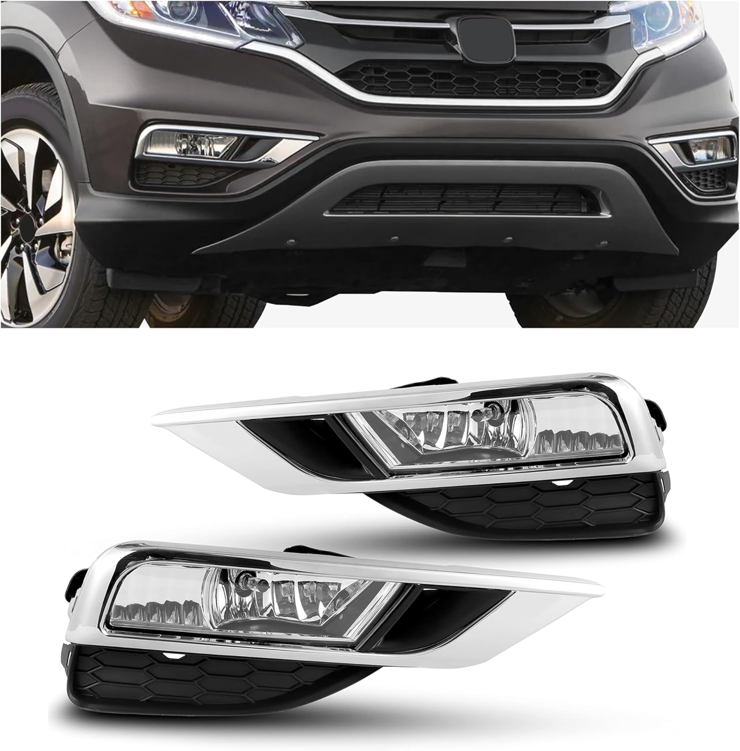 ECOTRIC Fog Lights Compatible with 2015 2016 Honda CR-V CRV Replacement for 33900T1WA11 33951T1WA11 HO2592140 HO2593140 Driving Bumper Fog Lamps + Bulbs + Switch(Clear Lens+Silvery bezel