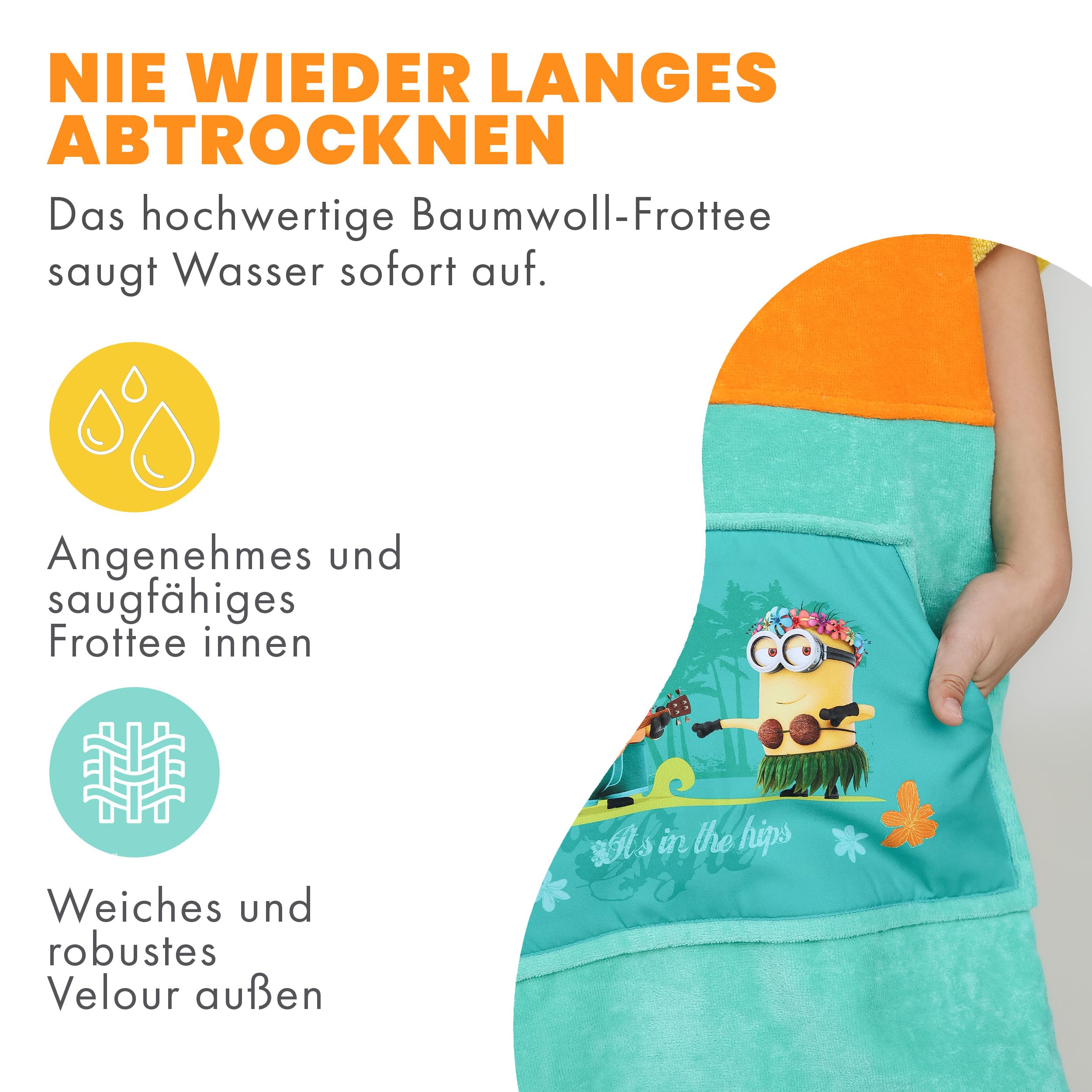 WAVE HAWAII Badeponcho mit lizensierten Minions-Motiv, Größe S, aus natürlicher Baumwolle, Strand & Surf Poncho mit Kapuze – Kuscheliges Handtuch für zu Hause, Freizeitbad