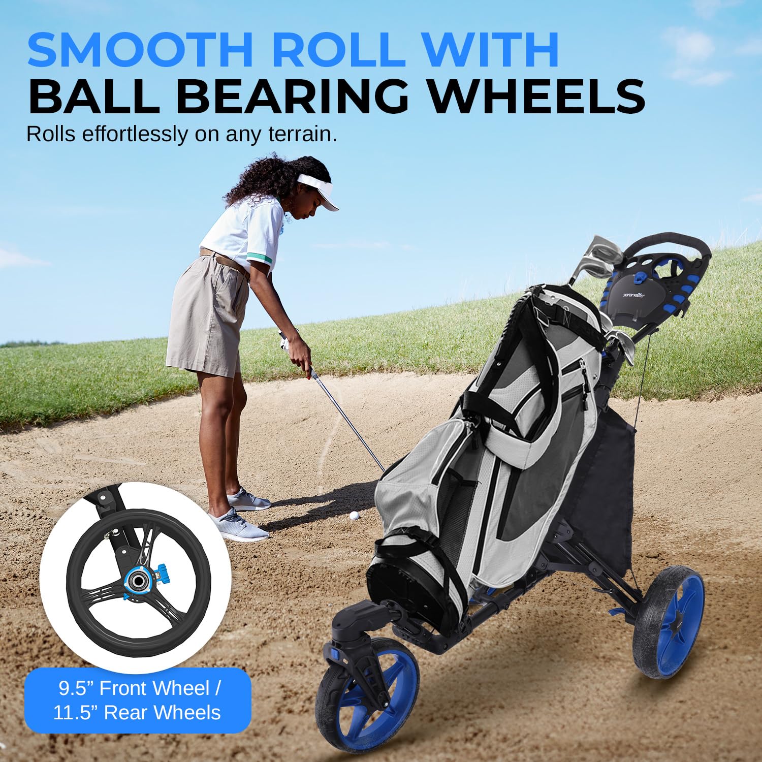 Carrito de golf de 3 ruedas – Soporte plegable ligero para bolsa de golf con pie / mango de freno, soporte superior/inferior con correa elástica, tarjeta de puntuación/taza/bolsa soporte de almacenamiento SLGZ48 2