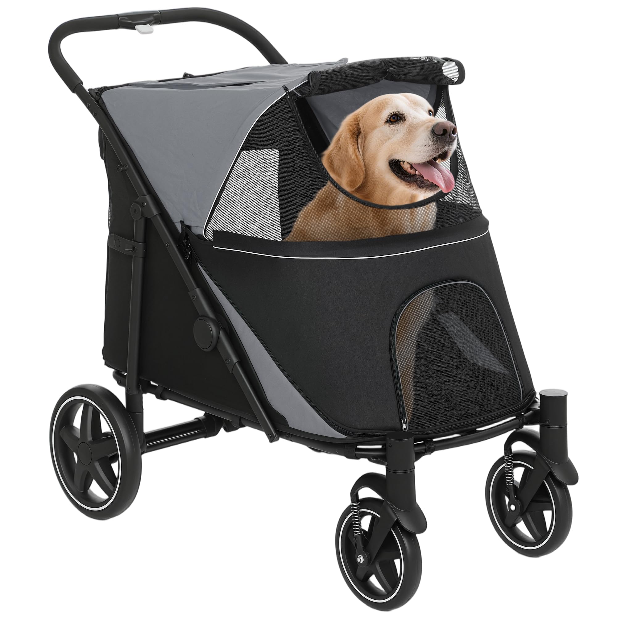 PawHut Dog Stroller for Large Medium Small Dogs up to 66 Lbs. 23.5" in Body Length, One-Click Foldable Pet Cat Stroller with Storage, Shock Absorption