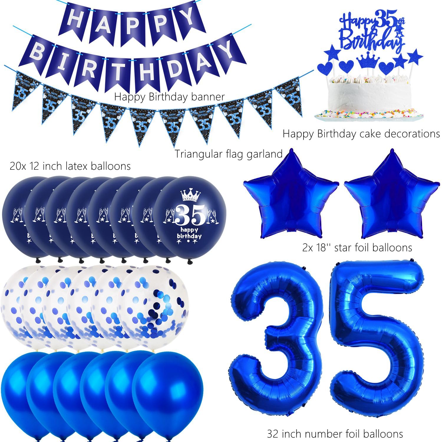 Set Decorazioni Per 35° Compleanno Uomo Tema Blu - Palloncini Numero 35, Striscione, Tovaglia E Topper Per Torta, 40 Pezzi