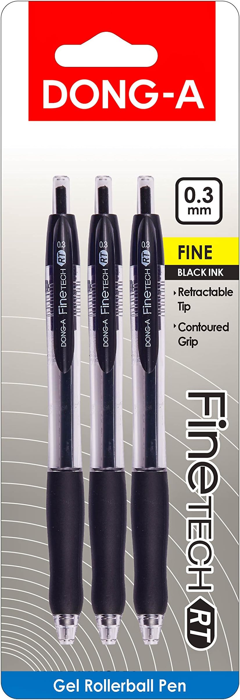 DONG-A Fine-Tech RT Gel Ink Roller Ball Pens, 0.3mm, Black, 3-Pack