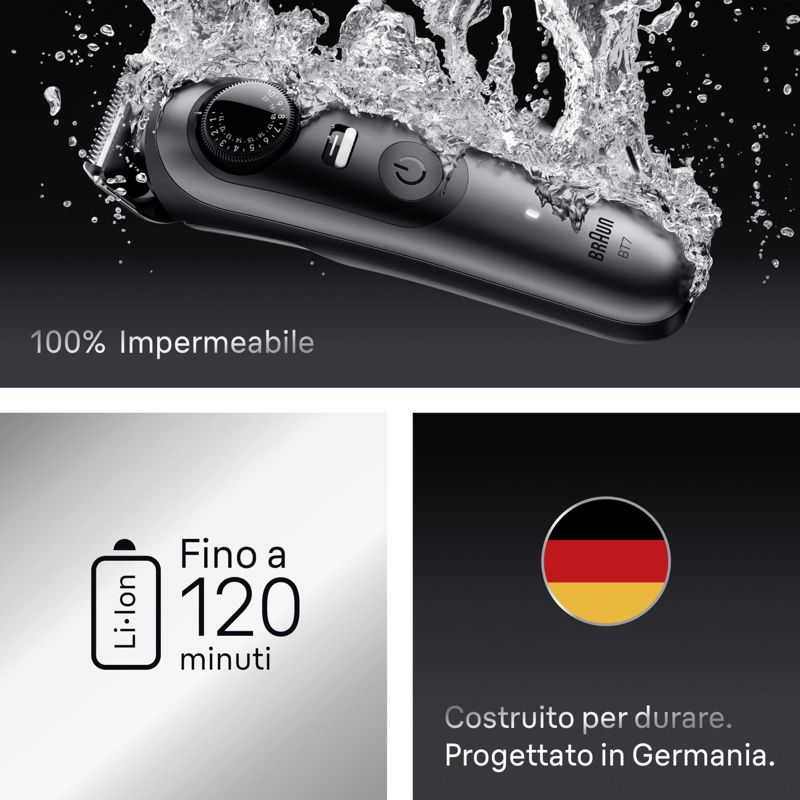 Braun Regolabarba Uomo Series 7, +7 Strumenti da Barbiere, Lama Problade Affilata a Vita, Fino a 120 Minuti di Autonomia, Impermeabile, Selettore di Precisione con 40 Lughezze e Blocco, Bt7525, Grigio