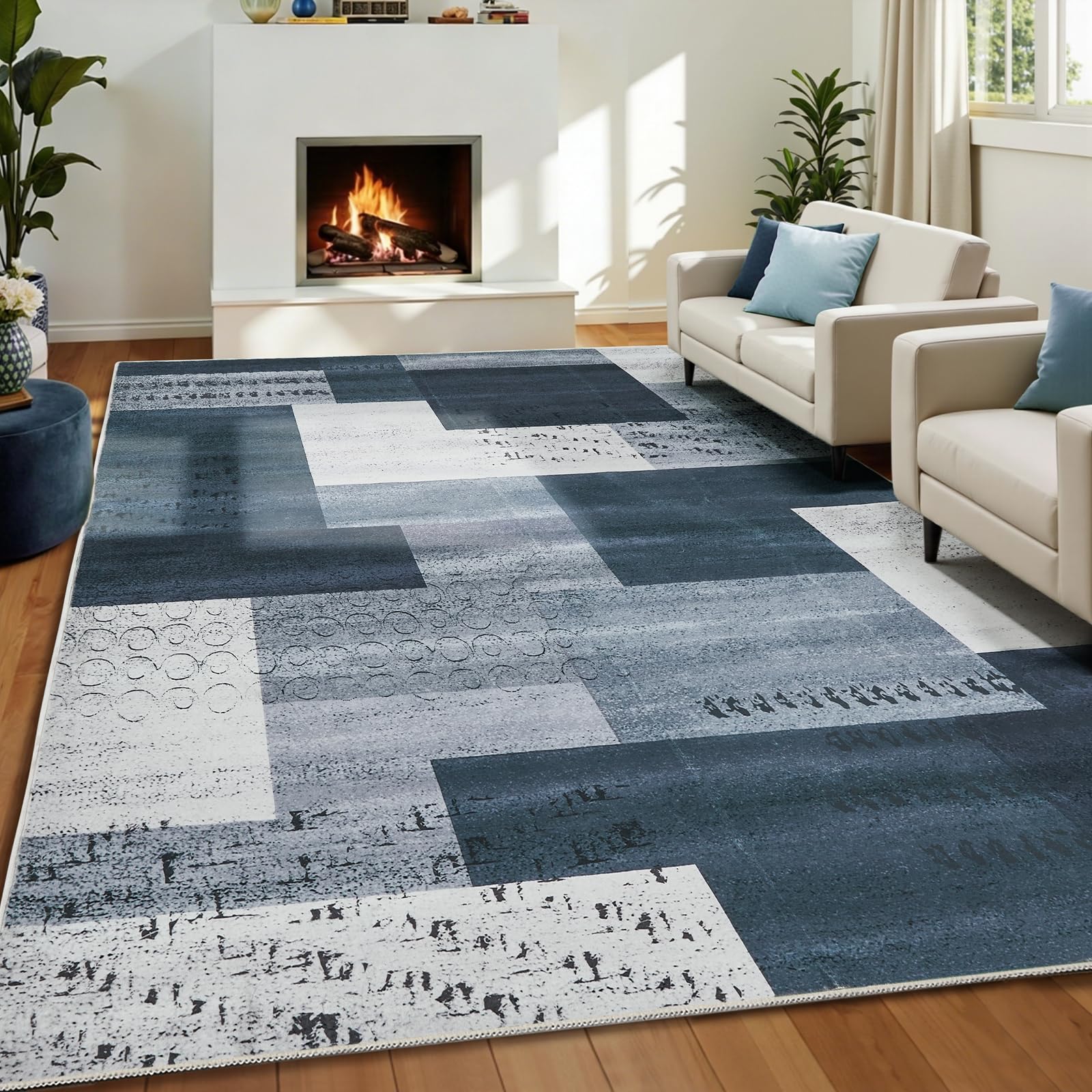 Wohnzimmerteppich 200x280 cm, waschbarer geometrischer Teppich fürs Schlafzimmer, kurzflorig, weich und rutschfest, abstrakter großer Teppich für Klassenzimmer, Esszimmer, Büro, Kinderzimmer, Blau