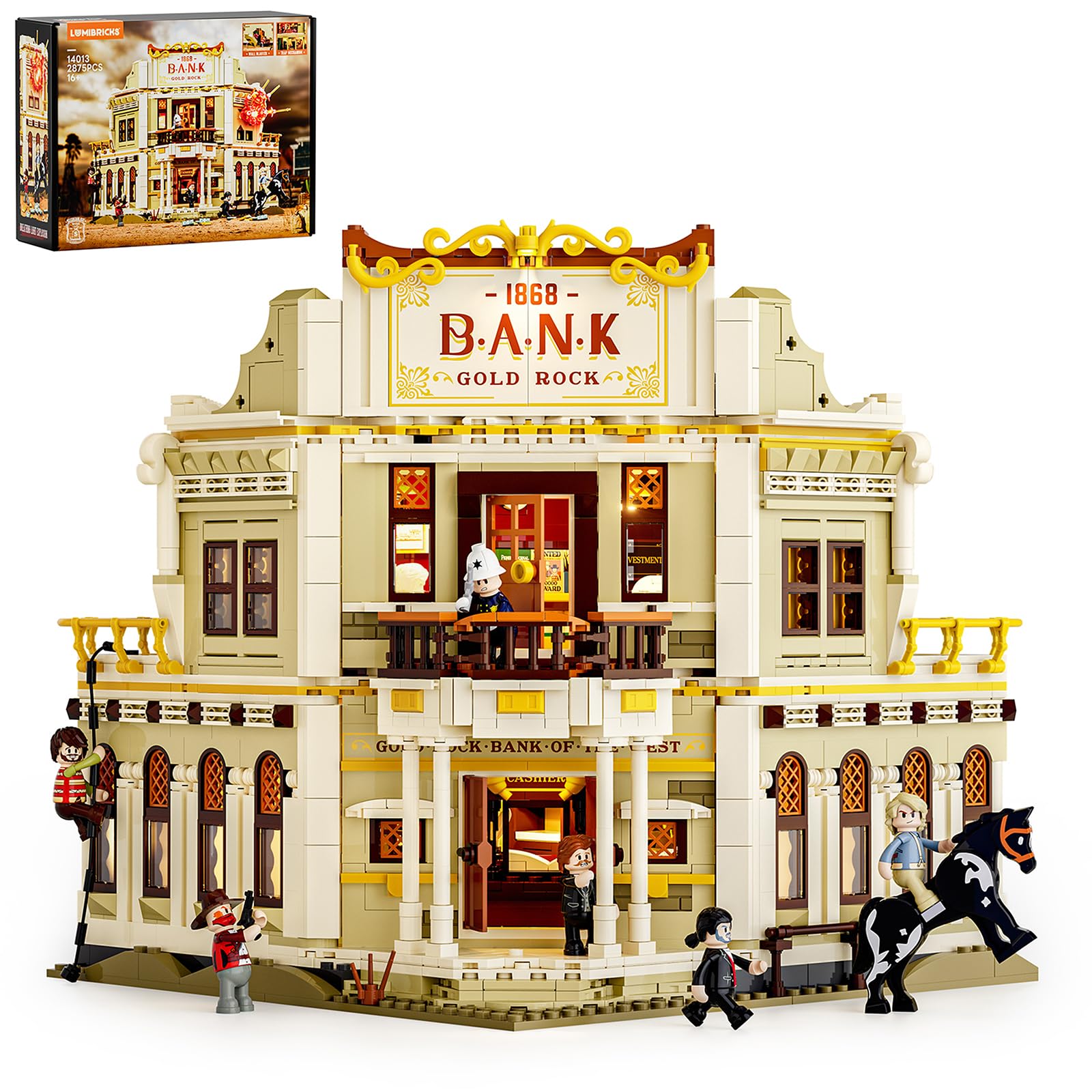 Lumibricks Western Bank Heist Building Kit – 2875pcs West Town Flagship Model with 11 LED Lights, 6 Minifigures, Highly Detailed Western Architecture, Collectible Gift for Adults & Kids