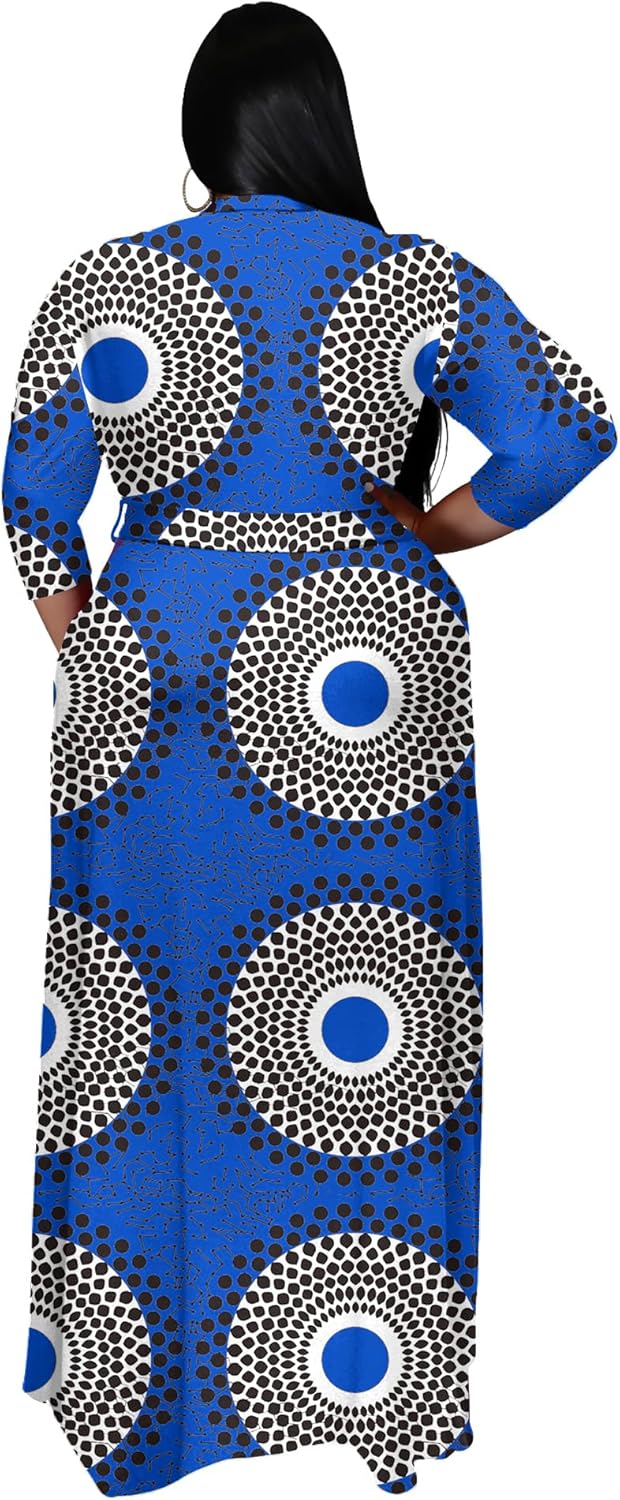Runwind Plus Size Maxi Dresses for Curvy Women, 3/4 Sleeve V Neck Long Printed Dress with Belt Casual Dress with Pockets - Image 4