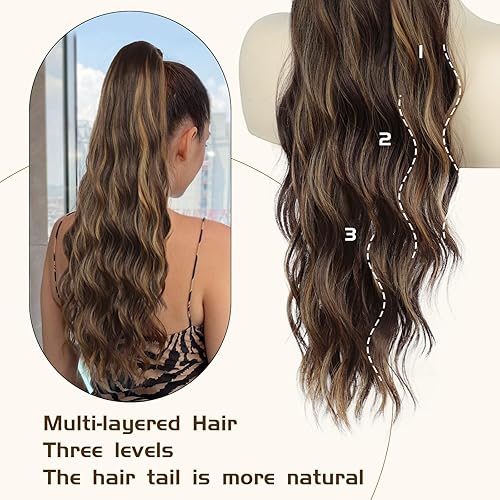 Miniatura 6 de FREEMEIGE Extensión de cola de caballo con cordón, extensión de cola de caballo de cuerpo largo ondulado para mujer, extensión de pelo sintético con