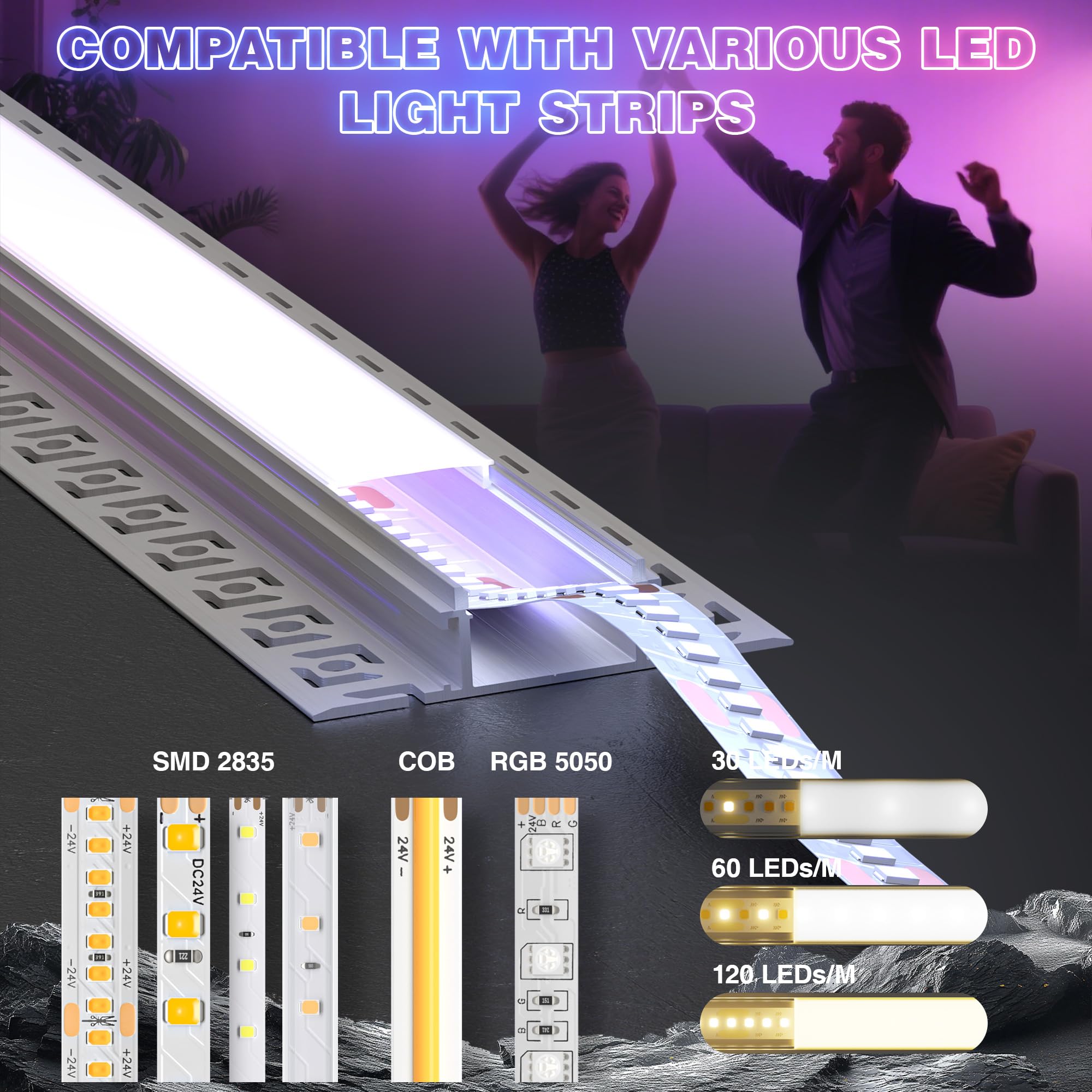 Profilo per piastrelle a LED, 2 m × 16, profilo a LED, da incasso, 61,8 × 13,8 mm, larghezza interna 20 mm, per cartongesso e bagno