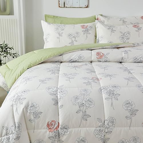 Miniatura 5 de Lemfux Juego de edredón de 3 piezas, 100 % algodón, estampado floral, elegante, blanco, verde, reversible, con plumón alternativo, edredón ligero