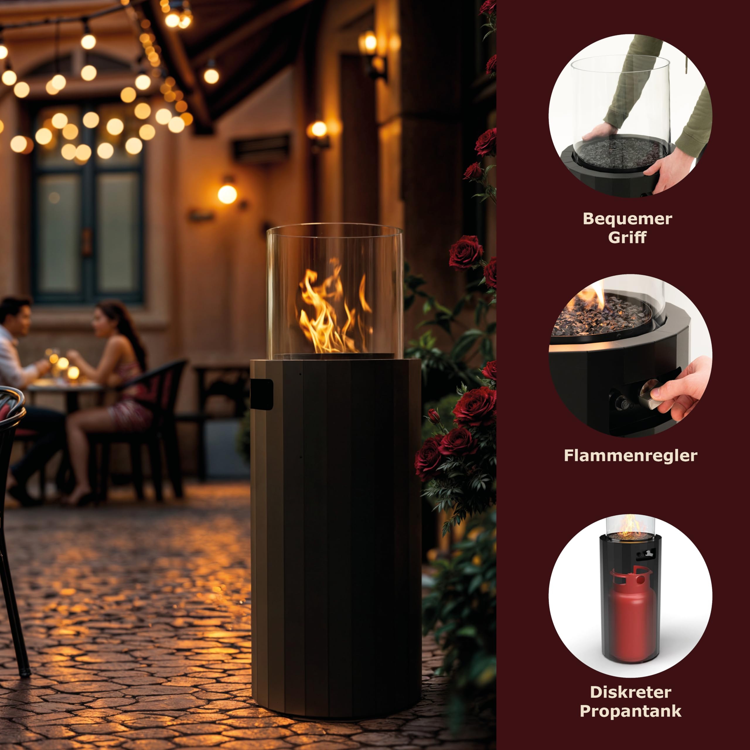 Planika BINO Outdoor-Gaskamin Tragbarer Terrassenheizer und Freistehender, Propan Heizpilz für Ihren Garten und Terrasse mit Schutzabdeckung