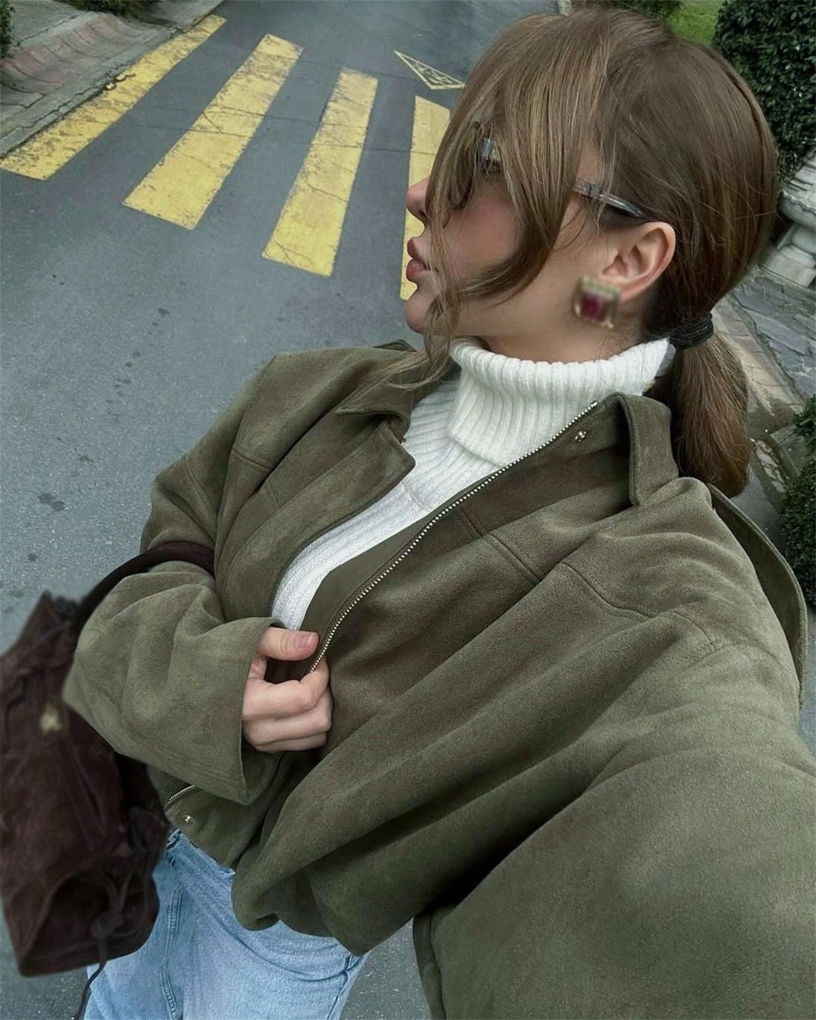 Generisch Chaqueta bomber de ante sintético para mujer, estilo informal, de manga larga, estilo urbano, estilo casual