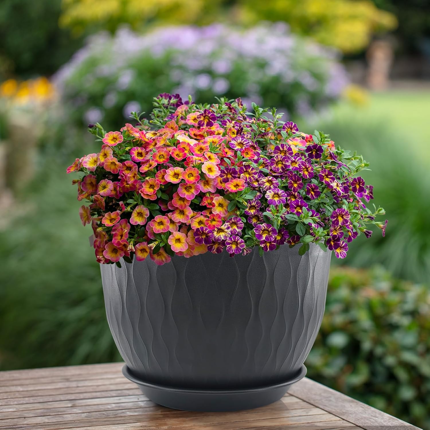 12/10/9 inch Plant Pots, 3 Pack Flower Pots for Outdoor Indoor Garden Plants, Large Planters with Multi Mesh Drainage Holes and Saucer (Black, 12"+10"+9")