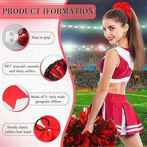 Miniatura 4 de Hanaive 3 pompones de animadora y lazo grande de animadora para el pelo, pompones metálicos para baile de adolescentes