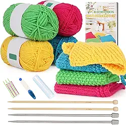 Aeelike Kit de tricô para iniciantes, kit completo de tricô para iniciantes, conjunto fácil de tricô, incluindo conjunto de agulhas de tricô, fio de algodão, aprenda a tricotar pano de prato com