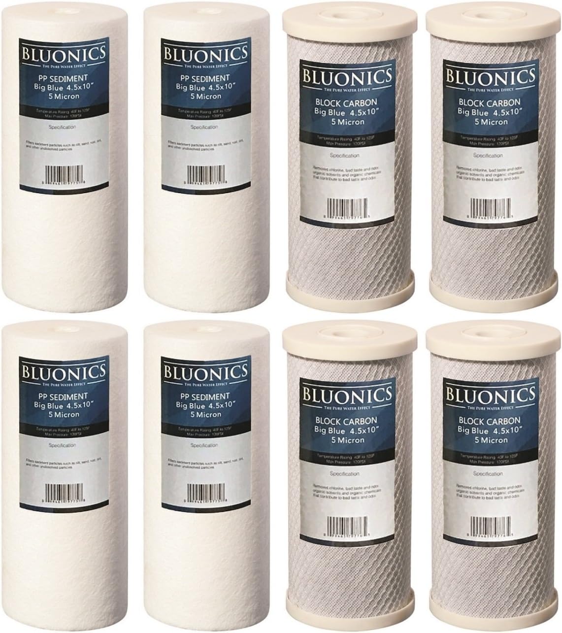 8 Pack Filters-4 Carbon Block & 4 Sediment Replacement Water Filters 5-Micron 4.5" x 10"